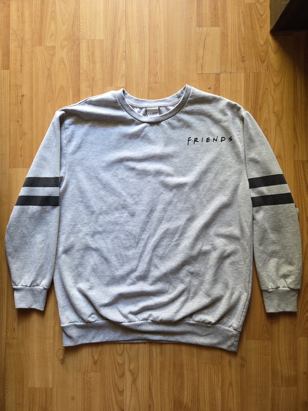 MAD Engine Gray 'Friends' Crewneck Sweatshirt with Black Sleeve Stripes